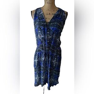 A.L.C. 100% Silk Abstract Print Tie Waist Dress Size M Blue Black